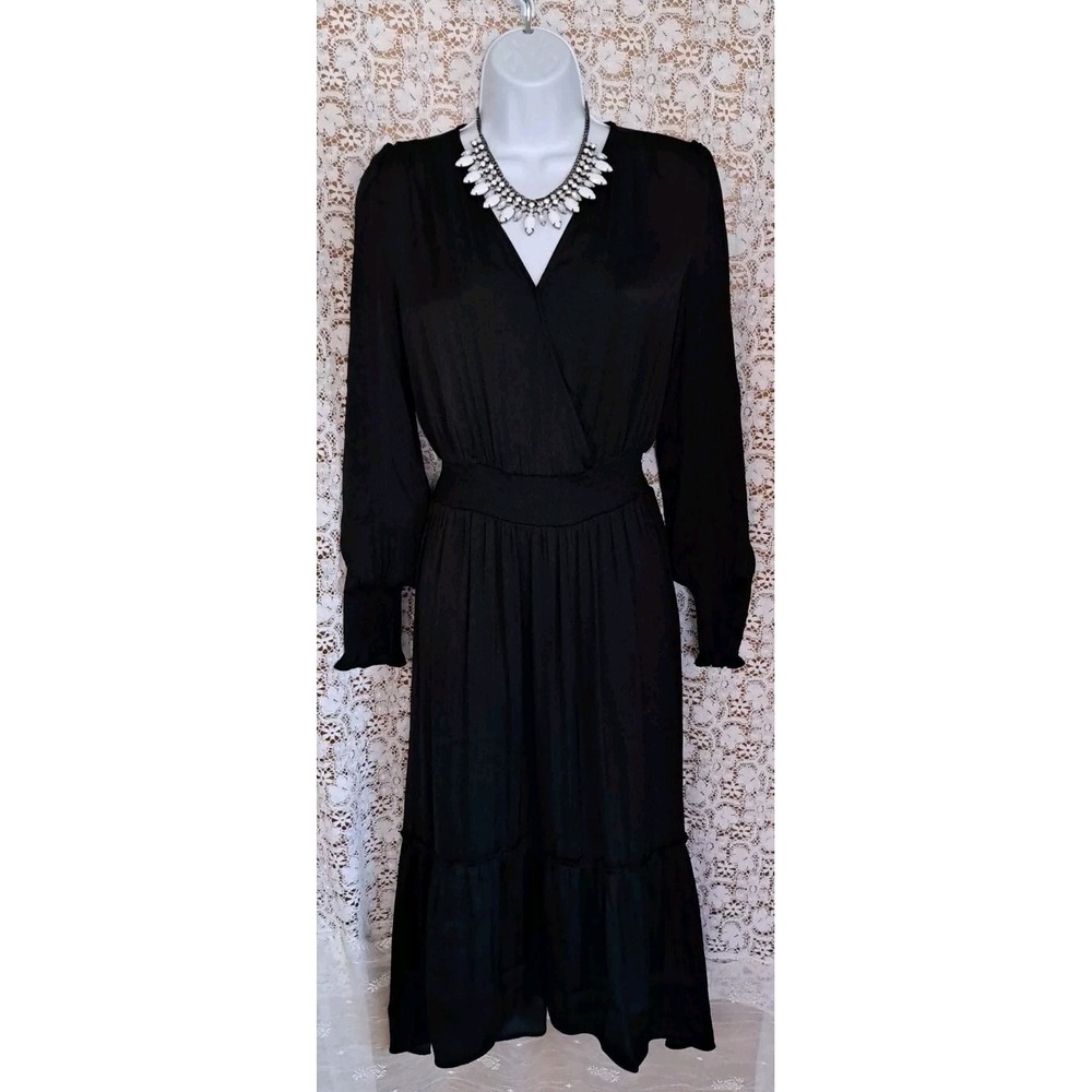 G by Giuliana Dress Small Black Waist Defy V-neck Smocked Ruffled Hem Whimsygoth